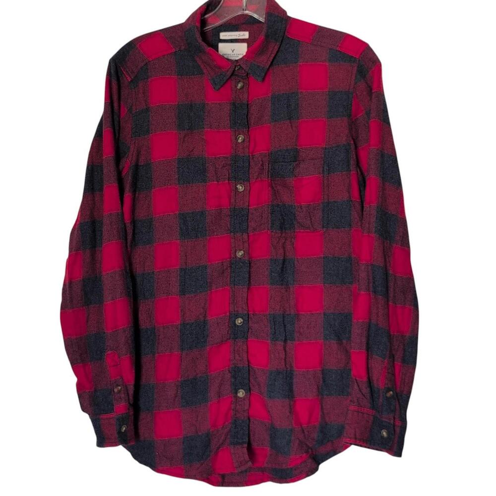 American Eagle Outfitters Flannel Shirt Womens Medium Red Boyfriend Fit Plaid‎